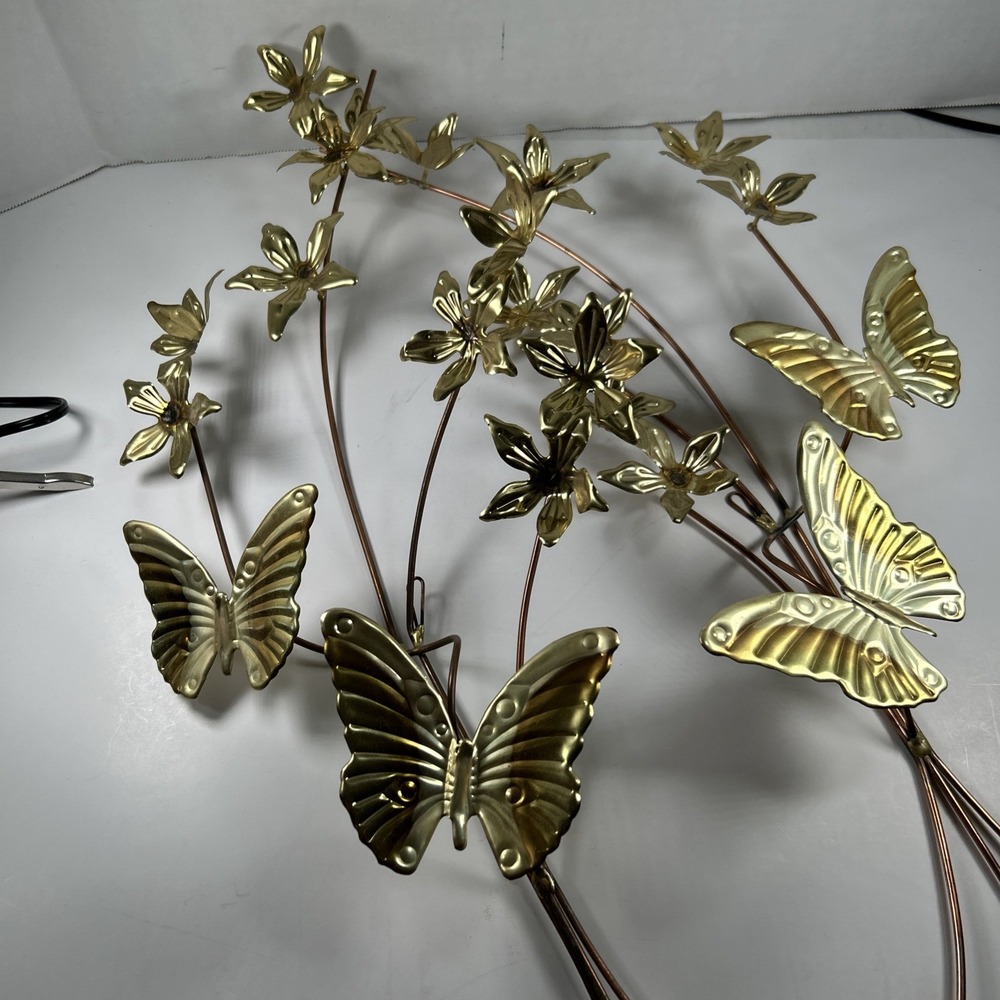 Set 2 Home Interiors Gold Butterfly Floral Wall Scones Decor 26 Inches